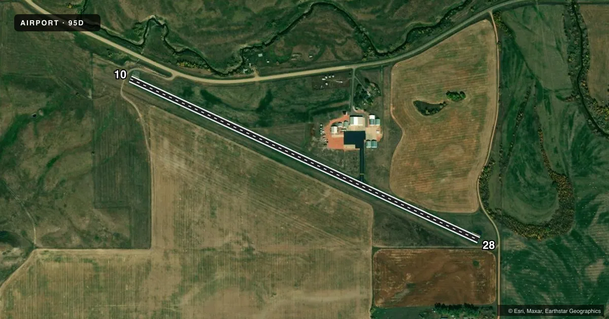 Top-down satellite sketch of 95D BEULAH in BEULAH, NORTH DAKOTA, showing runways 10/28 drawn to scale over Esri World Imagery