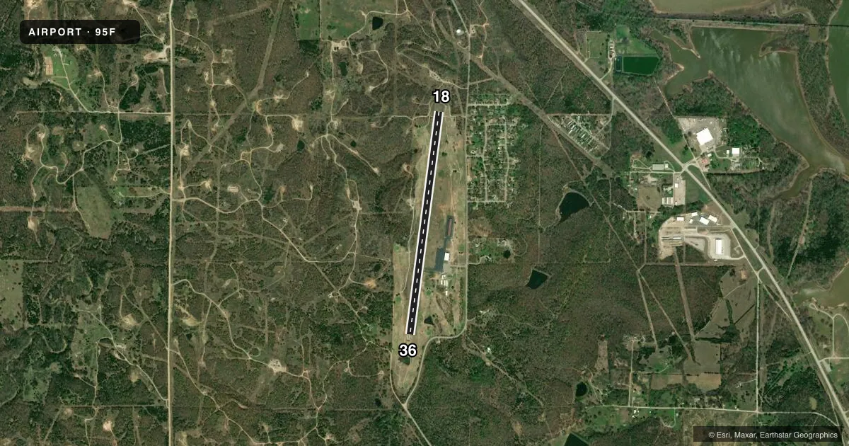 Top-down satellite sketch of 95F CLEVELAND MUNI in CLEVELAND, OKLAHOMA, showing runways 18/36 drawn to scale over Esri World Imagery