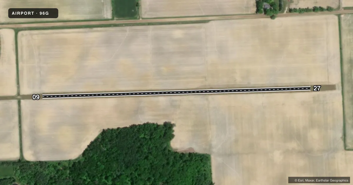 Top-down satellite sketch of 96G COWLEY FLD in SANDUSKY, MICHIGAN, showing runways 09/27 drawn to scale over Esri World Imagery