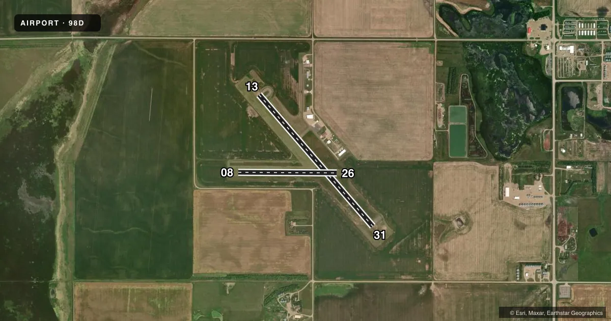 Top-down satellite sketch of 98D ONIDA MUNI in ONIDA, SOUTH DAKOTA, showing runways 13/31, 08/26 drawn to scale over Esri World Imagery