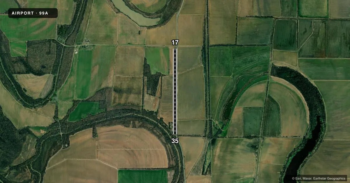 Top-down satellite sketch of 99A SMITH'S INTL in SHERRILL, ARKANSAS, showing runways 17/35 drawn to scale over Esri World Imagery