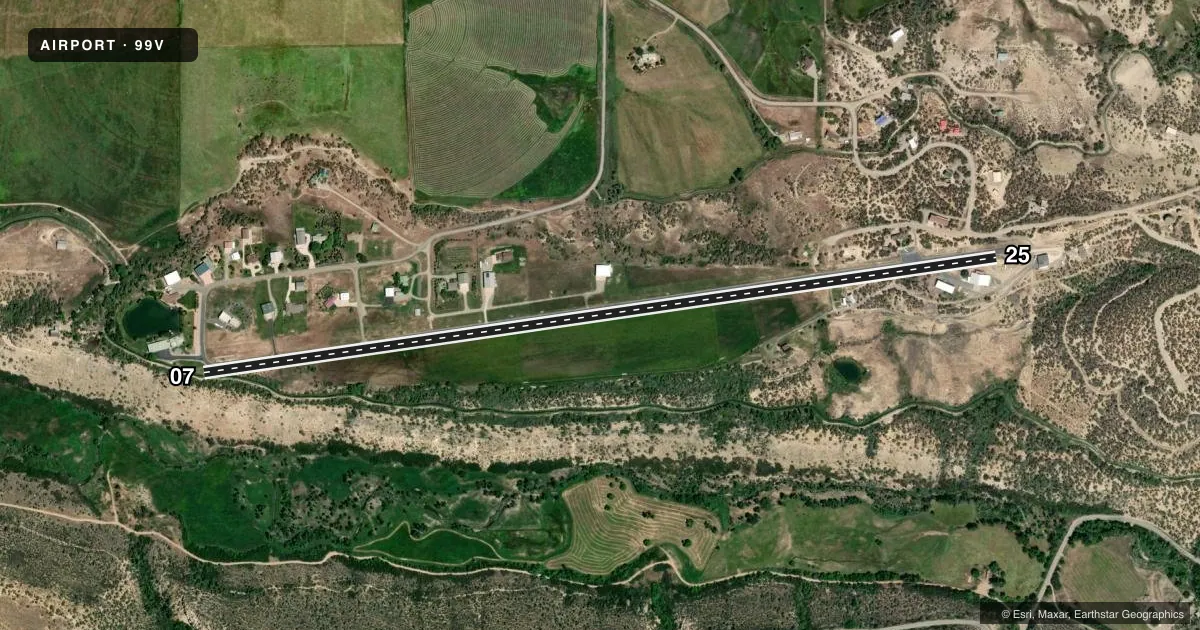 Top-down satellite sketch of 99V CRAWFORD in CRAWFORD, COLORADO, showing runways 07/25 drawn to scale over Esri World Imagery