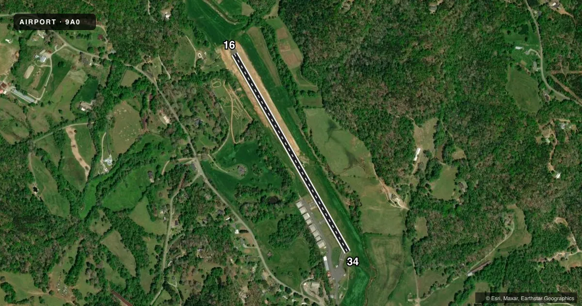 Top-down satellite sketch of 9A0 LUMPKIN COUNTY-WIMPYS in DAHLONEGA, GEORGIA, showing runways 16/34 drawn to scale over Esri World Imagery