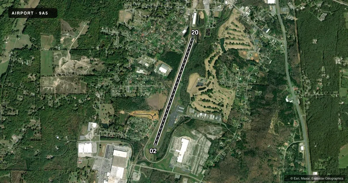 Top-down satellite sketch of 9A5 BARWICK LAFAYETTE in LAFAYETTE, GEORGIA, showing runways 02/20 drawn to scale over Esri World Imagery
