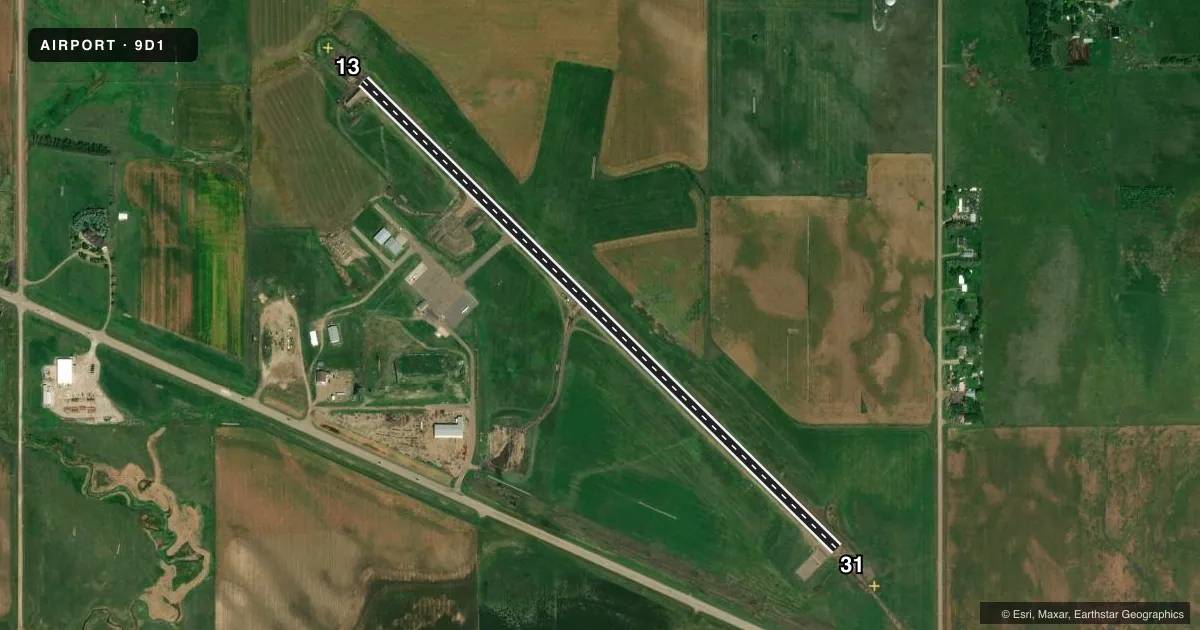 Top-down satellite sketch of 9D1 GREGORY MUNI/FLYNN FLD in GREGORY, SOUTH DAKOTA, showing runways 13/31 drawn to scale over Esri World Imagery
