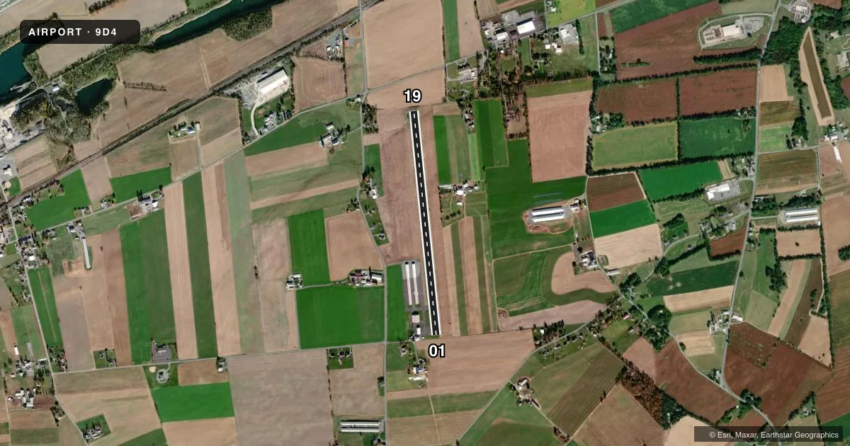 Top-down satellite sketch of 9D4 DECK in MYERSTOWN, PENNSYLVANIA, showing runways 01/19 drawn to scale over Esri World Imagery