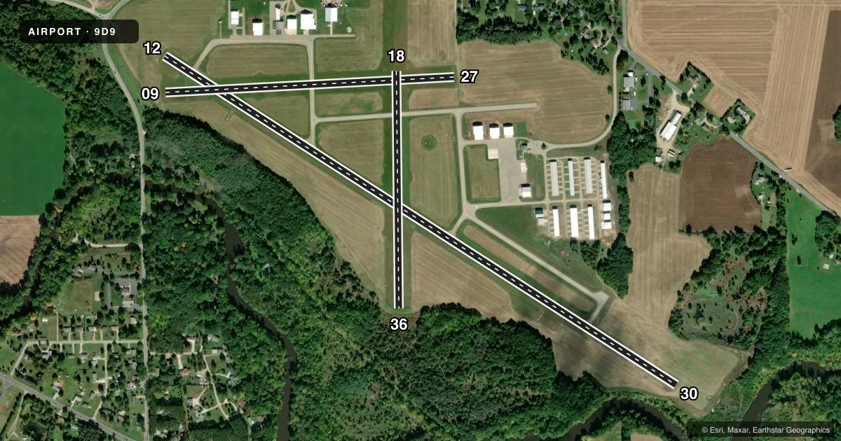 Top-down satellite sketch of 9D9 HASTINGS in HASTINGS, MICHIGAN, showing runways 12/30, 09/27, 18/36 drawn to scale over Esri World Imagery