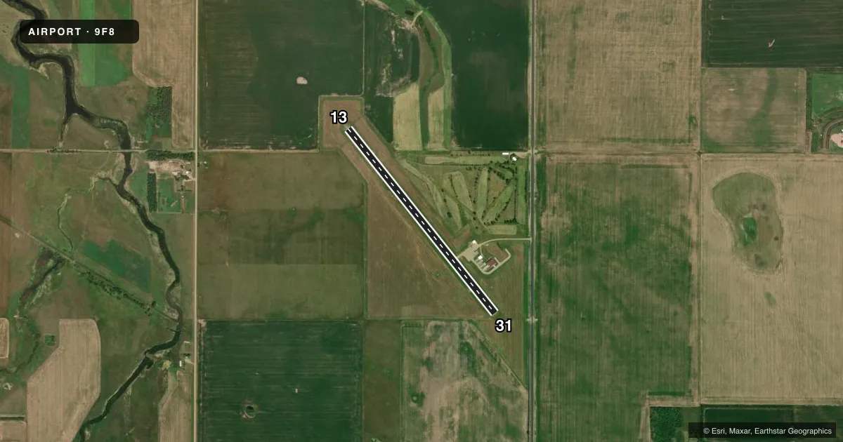 Top-down satellite sketch of 9F8 HOVEN MUNI in HOVEN, SOUTH DAKOTA, showing runways 13/31 drawn to scale over Esri World Imagery