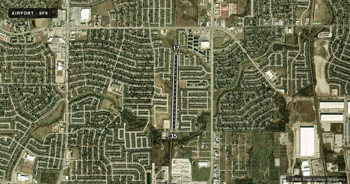 Top-down satellite sketch of 9F9 SYCAMORE STRIP in FORT WORTH, TEXAS, showing runways 17/35 drawn to scale over Esri World Imagery