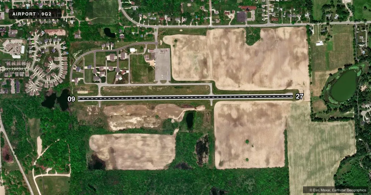 Top-down satellite sketch of 9G2 PRICES in LINDEN, MICHIGAN, showing runways 09/27 drawn to scale over Esri World Imagery