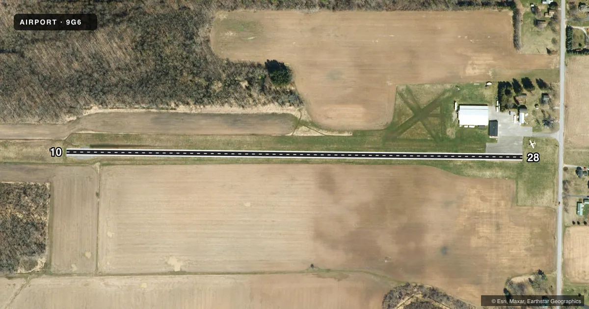 Top-down satellite sketch of 9G6 PINE HILL in ALBION, NEW YORK, showing runways 10/28 drawn to scale over Esri World Imagery