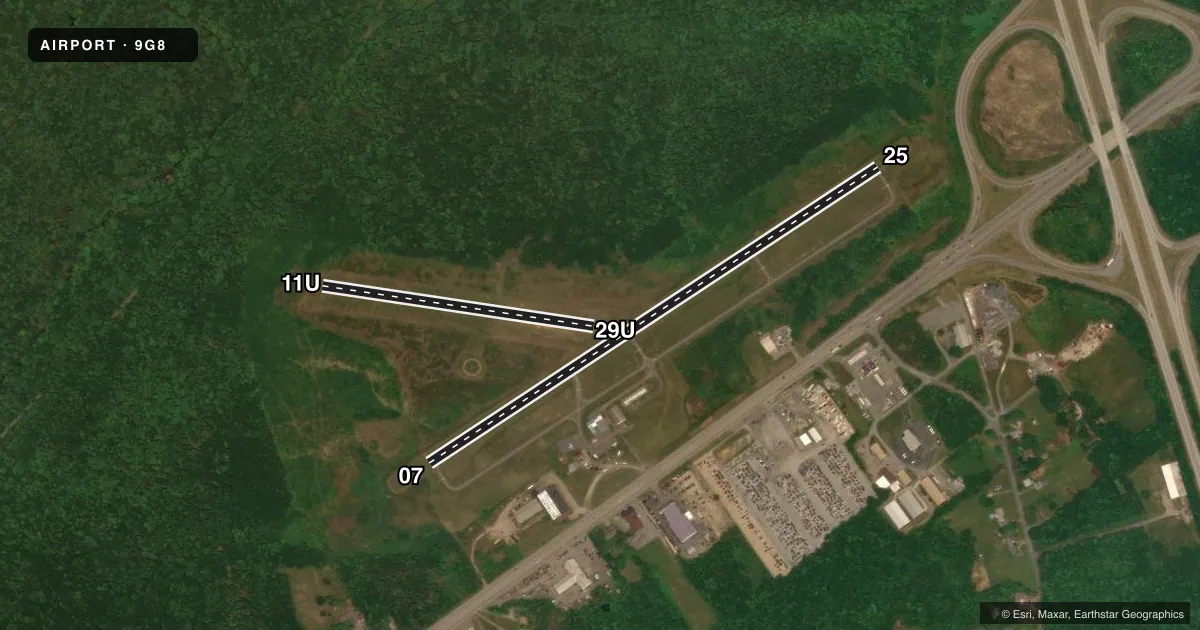 Top-down satellite sketch of 9G8 EBENSBURG in EBENSBURG, PENNSYLVANIA, showing runways 07/25, 11U/29U drawn to scale over Esri World Imagery