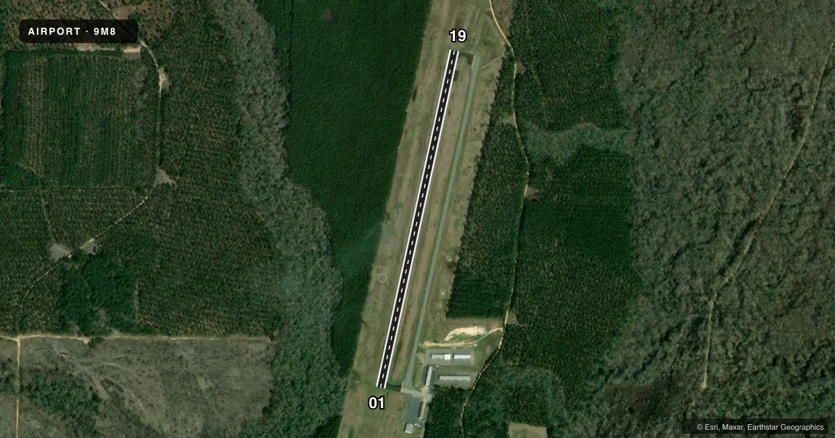 Top-down satellite sketch of 9M8 SHERIDAN-GRANT COUNTY RGNL in SHERIDAN, ARKANSAS, showing runways 01/19 drawn to scale over Esri World Imagery