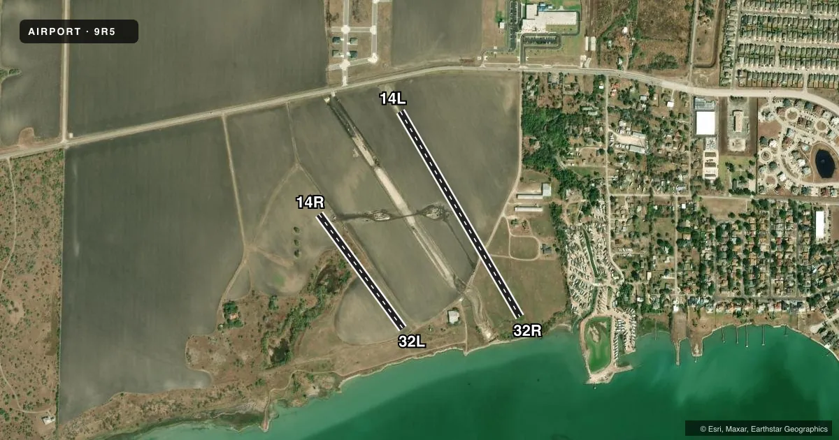 Top-down satellite sketch of 9R5 HUNT in PORTLAND, TEXAS, showing runways 14L/32R, 14R/32L drawn to scale over Esri World Imagery