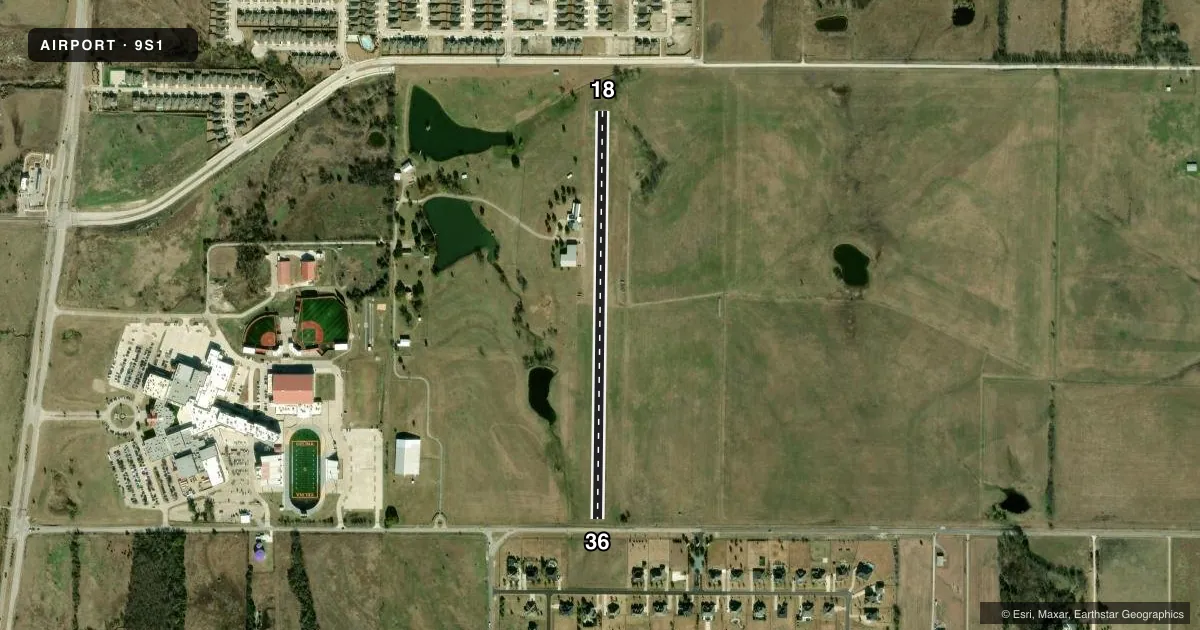 Top-down satellite sketch of 9S1 FOUR WINDS in CELINA, TEXAS, showing runways 18/36 drawn to scale over Esri World Imagery