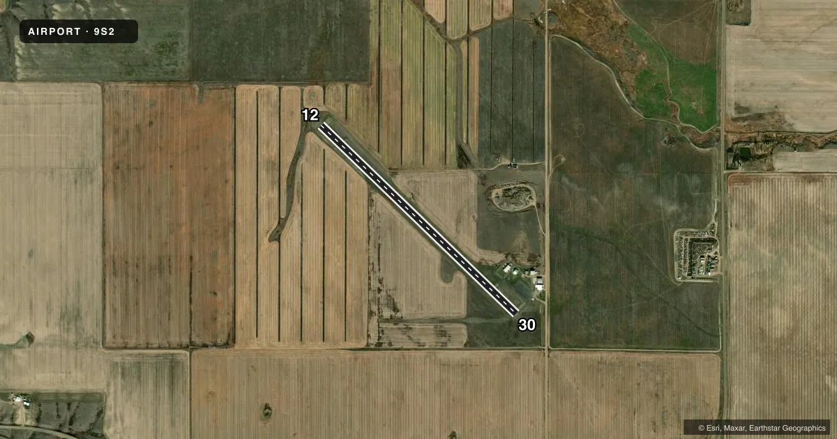 Top-down satellite sketch of 9S2 SCOBEY in SCOBEY, MONTANA, showing runways 12/30 drawn to scale over Esri World Imagery