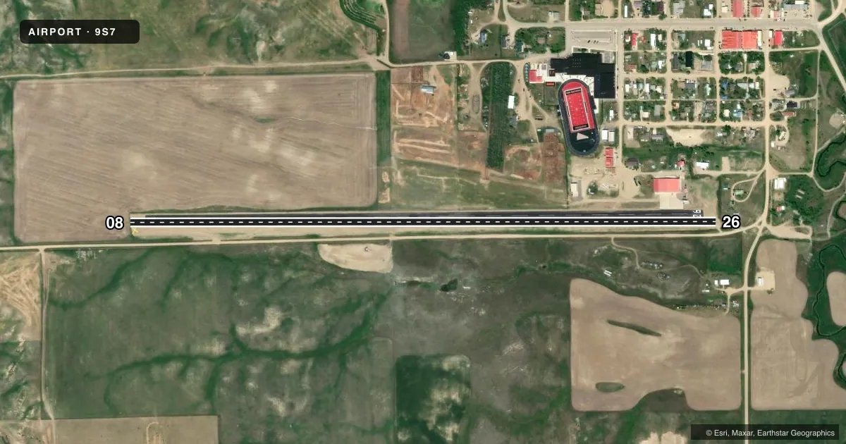 Top-down satellite sketch of 9S7 WINIFRED in WINIFRED, MONTANA, showing runways 08/26 drawn to scale over Esri World Imagery
