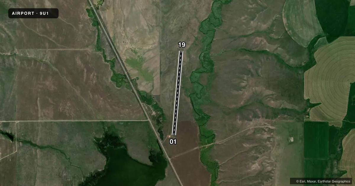 Top-down satellite sketch of 9U1 WILSALL in WILSALL, MONTANA, showing runways 01/19 drawn to scale over Esri World Imagery