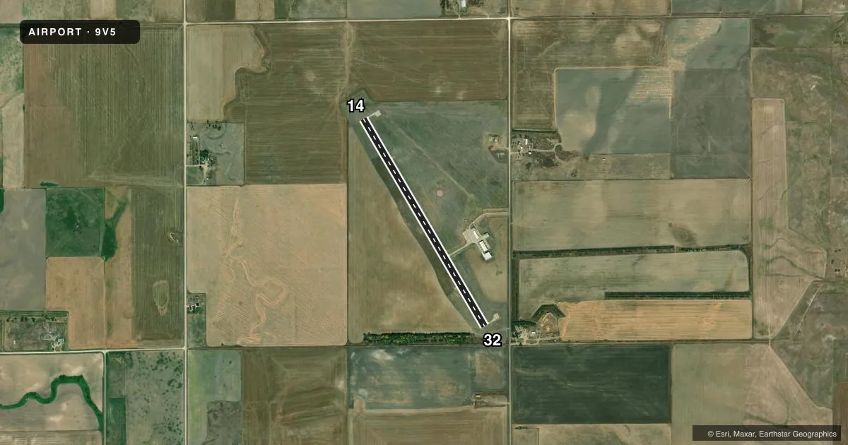 Top-down satellite sketch of 9V5 MODISETT in RUSHVILLE, NEBRASKA, showing runways 14/32 drawn to scale over Esri World Imagery