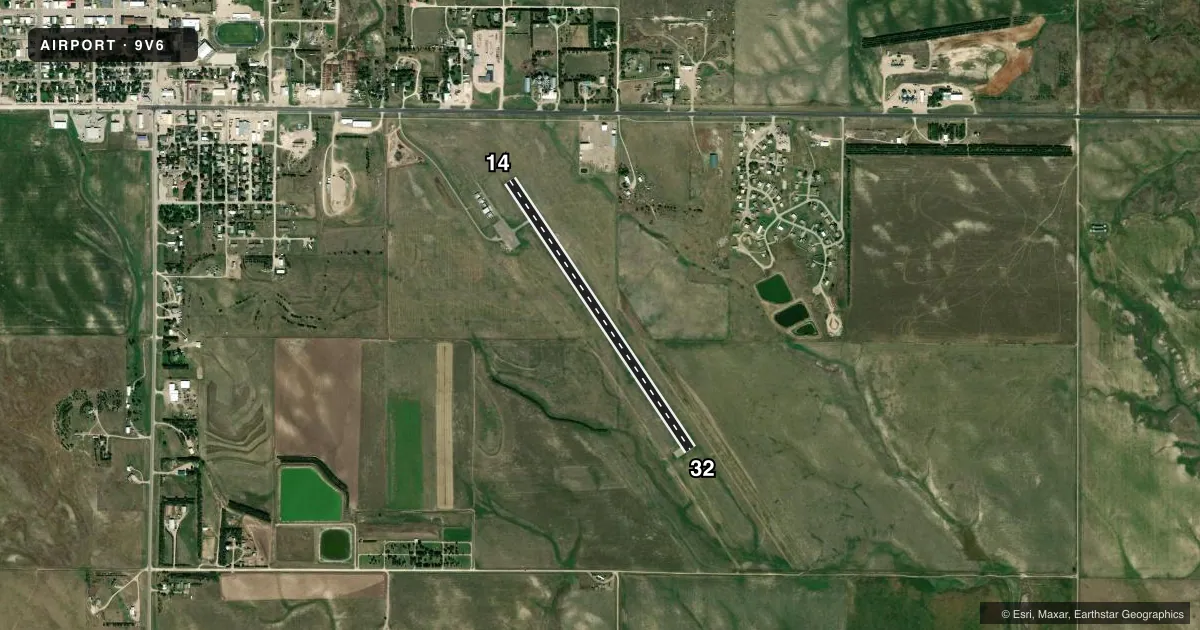 Top-down satellite sketch of 9V6 MARTIN MUNI in MARTIN, SOUTH DAKOTA, showing runways 14/32 drawn to scale over Esri World Imagery
