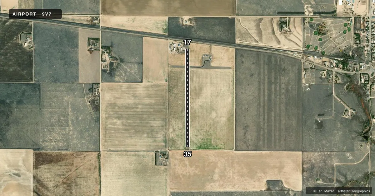 Top-down satellite sketch of 9V7 EADS MUNI in EADS, COLORADO, showing runways 17/35 drawn to scale over Esri World Imagery