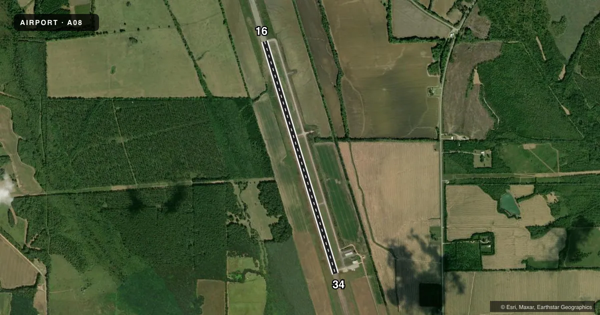 Top-down satellite sketch of A08 VAIDEN FLD in MARION, ALABAMA, showing runways 16/34 drawn to scale over Esri World Imagery