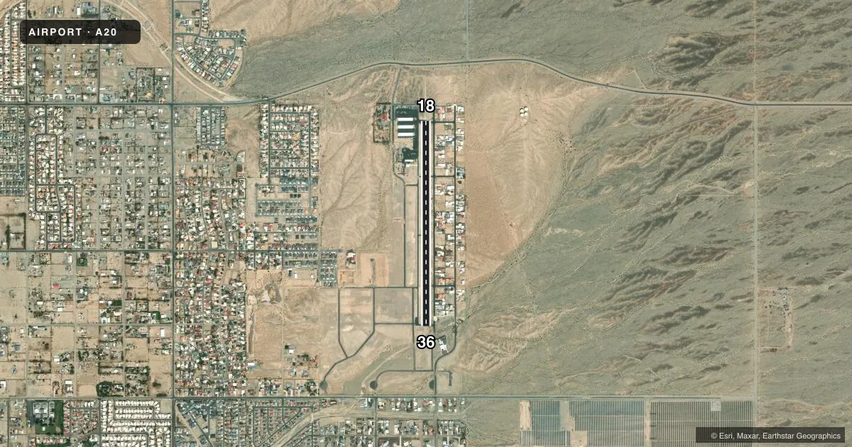Top-down satellite sketch of A20 SUN VALLEY in BULLHEAD CITY, ARIZONA, showing runways 18/36 drawn to scale over Esri World Imagery