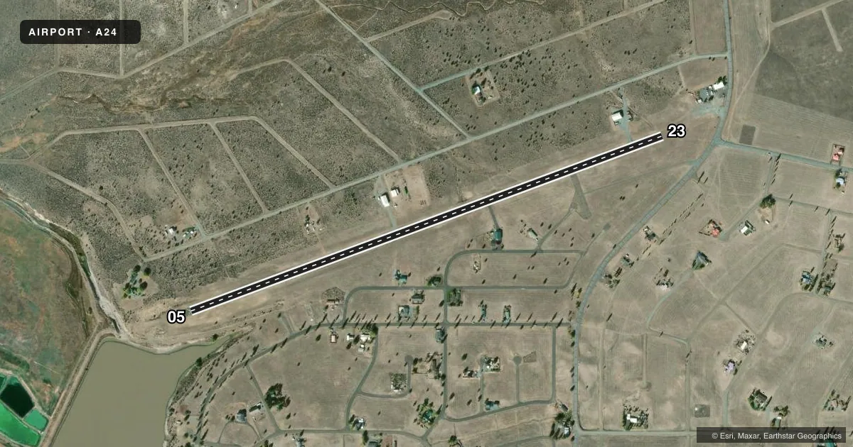 Top-down satellite sketch of A24 CALIFORNIA PINES in ALTURAS, CALIFORNIA, showing runways 05/23 drawn to scale over Esri World Imagery