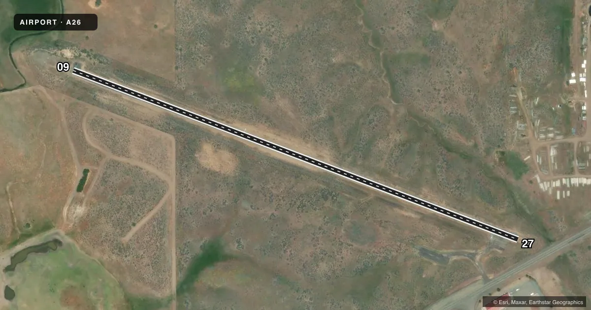 Top-down satellite sketch of A26 ADIN in ADIN, CALIFORNIA, showing runways 09/27 drawn to scale over Esri World Imagery