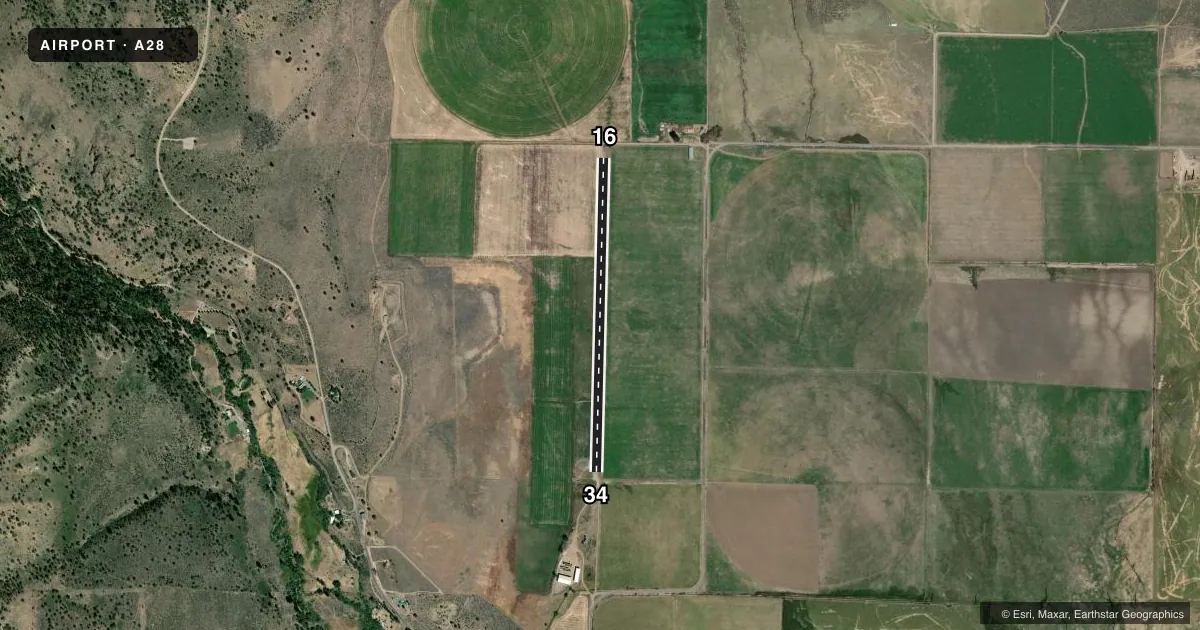 Top-down satellite sketch of A28 FORT BIDWELL in FORT BIDWELL, CALIFORNIA, showing runways 16/34 drawn to scale over Esri World Imagery