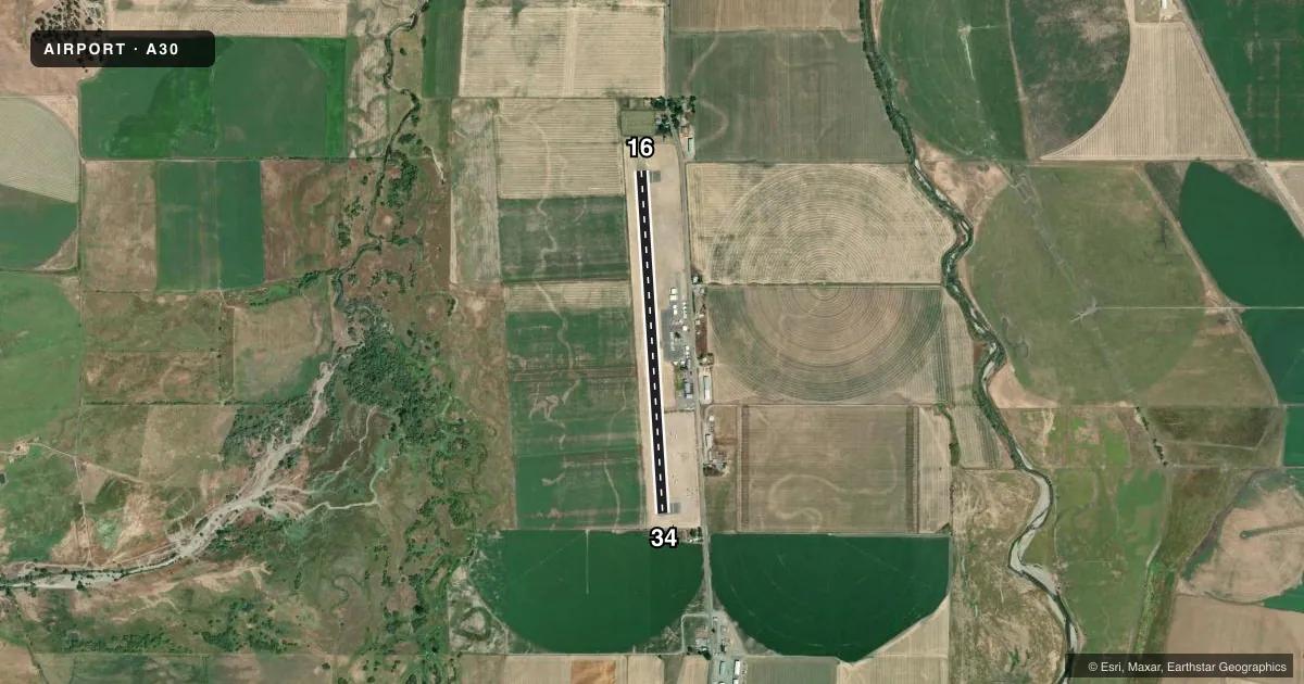Top-down satellite sketch of A30 SCOTT VALLEY in FORT JONES, CALIFORNIA, showing runways 16/34 drawn to scale over Esri World Imagery