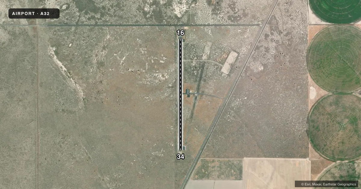 Top-down satellite sketch of A32 BUTTE VALLEY in DORRIS, CALIFORNIA, showing runways 16/34 drawn to scale over Esri World Imagery