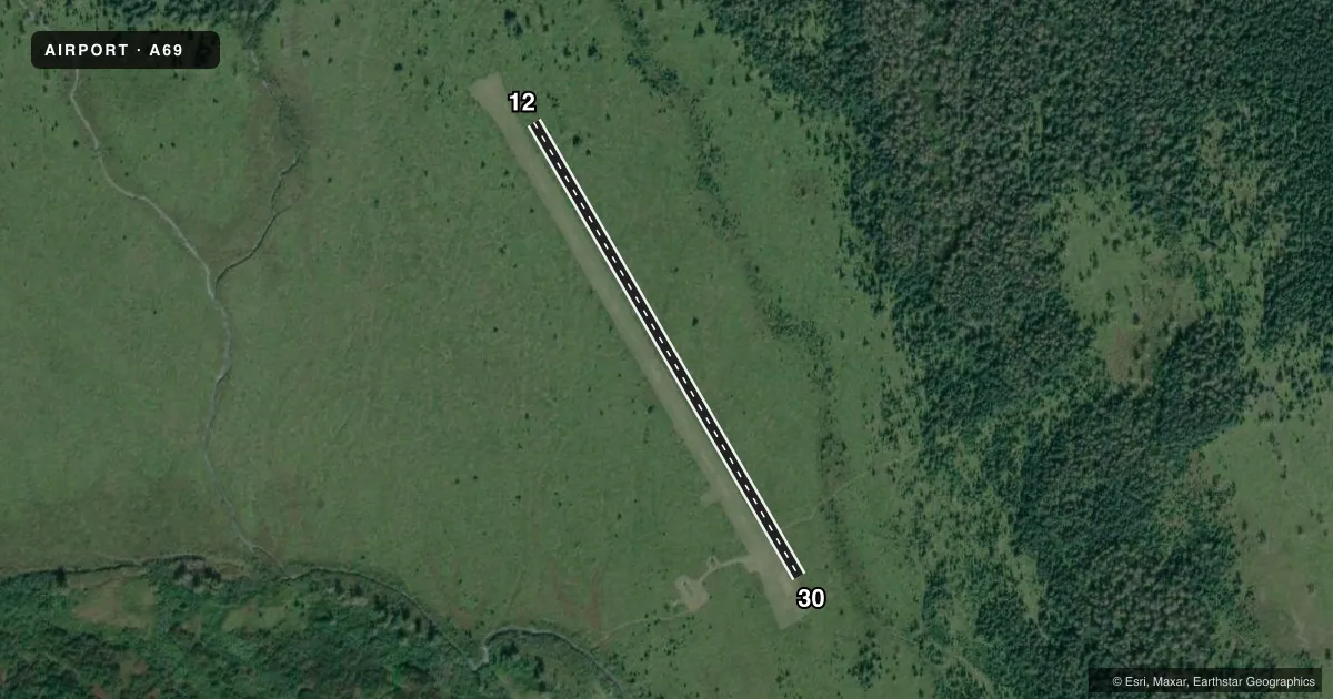 Top-down satellite sketch of A69 TANIS MESA in YAKUTAT, ALASKA, showing runways 12/30 drawn to scale over Esri World Imagery