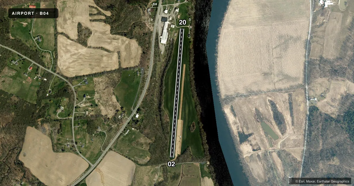 Top-down satellite sketch of B04 GARNSEYS in SCHUYLERVILLE, NEW YORK, showing runways 02/20 drawn to scale over Esri World Imagery