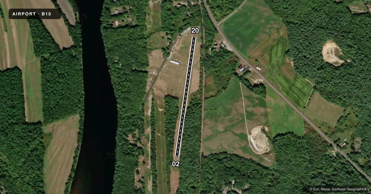 Top-down satellite sketch of B10 BOWMAN FLD in LIVERMORE FALLS, MAINE, showing runways 02/20 drawn to scale over Esri World Imagery