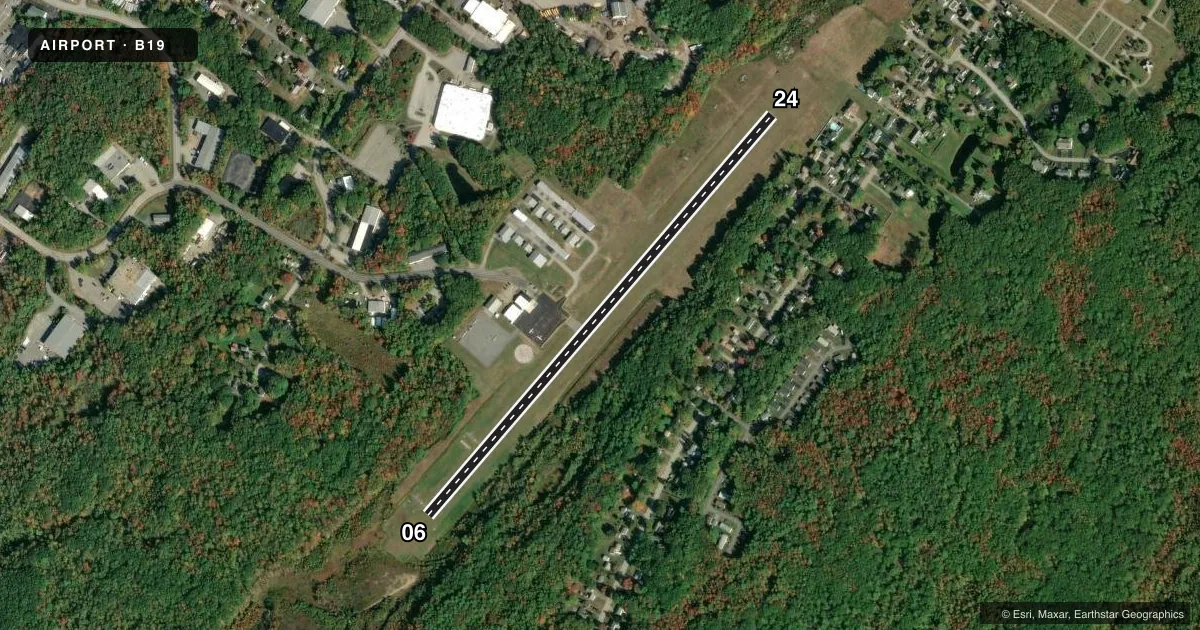 Top-down satellite sketch of B19 BIDDEFORD MUNI in BIDDEFORD, MAINE, showing runways 06/24 drawn to scale over Esri World Imagery