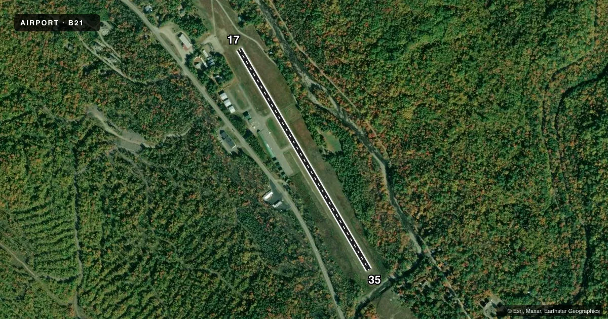 Top-down satellite sketch of B21 SUGARLOAF RGNL in CARRABASSETT, MAINE, showing runways 17/35 drawn to scale over Esri World Imagery