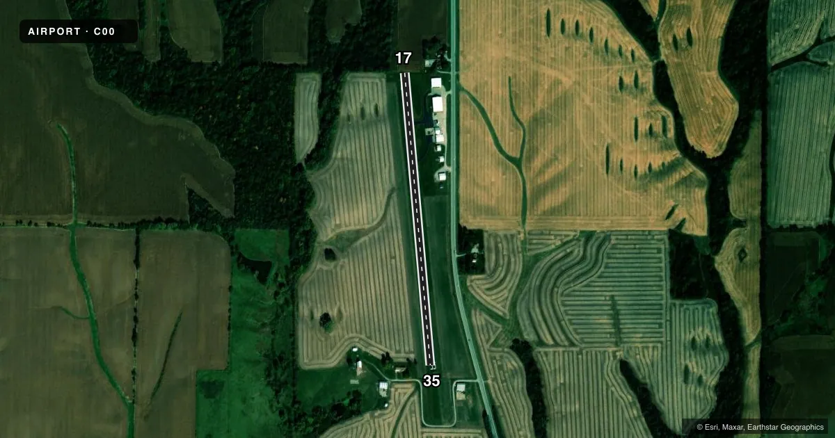 Top-down satellite sketch of C00 MERCER COUNTY in ALEDO, ILLINOIS, showing runways 17/35 drawn to scale over Esri World Imagery
