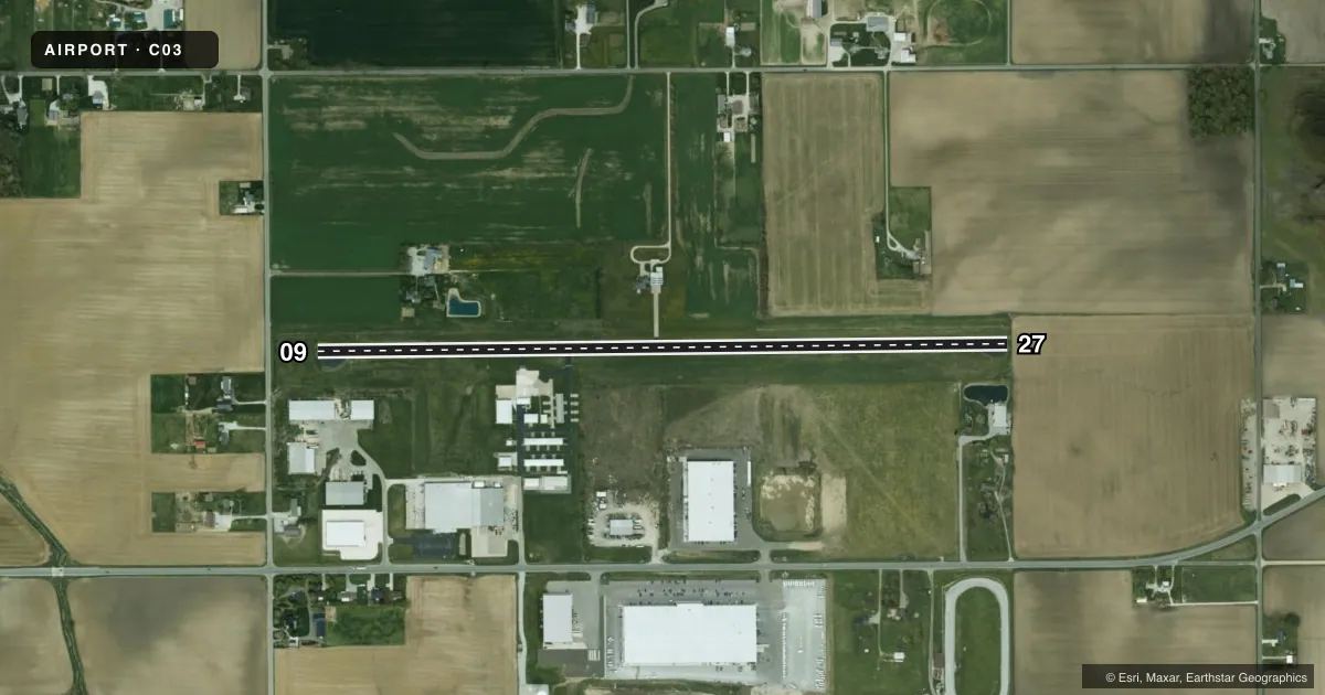 Top-down satellite sketch of C03 NAPPANEE MUNI in NAPPANEE, INDIANA, showing runways 09/27 drawn to scale over Esri World Imagery