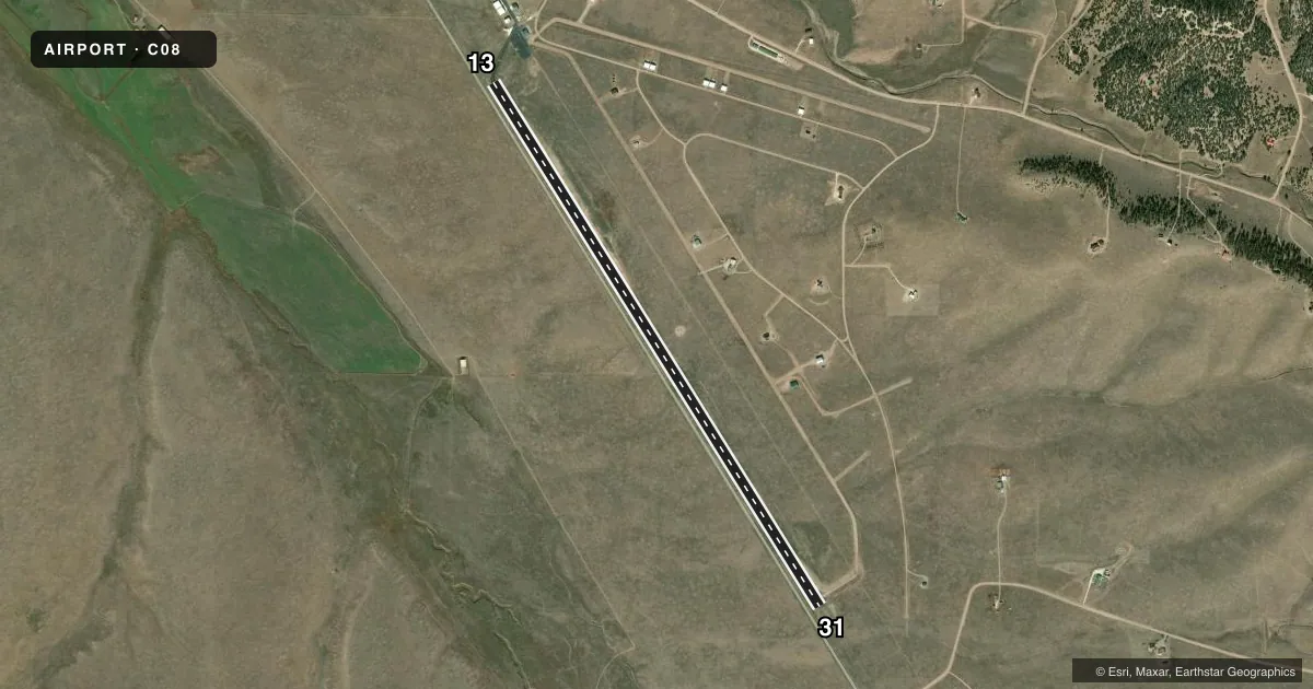Top-down satellite sketch of C08 SILVER WEST in WESTCLIFFE, COLORADO, showing runways 13/31 drawn to scale over Esri World Imagery