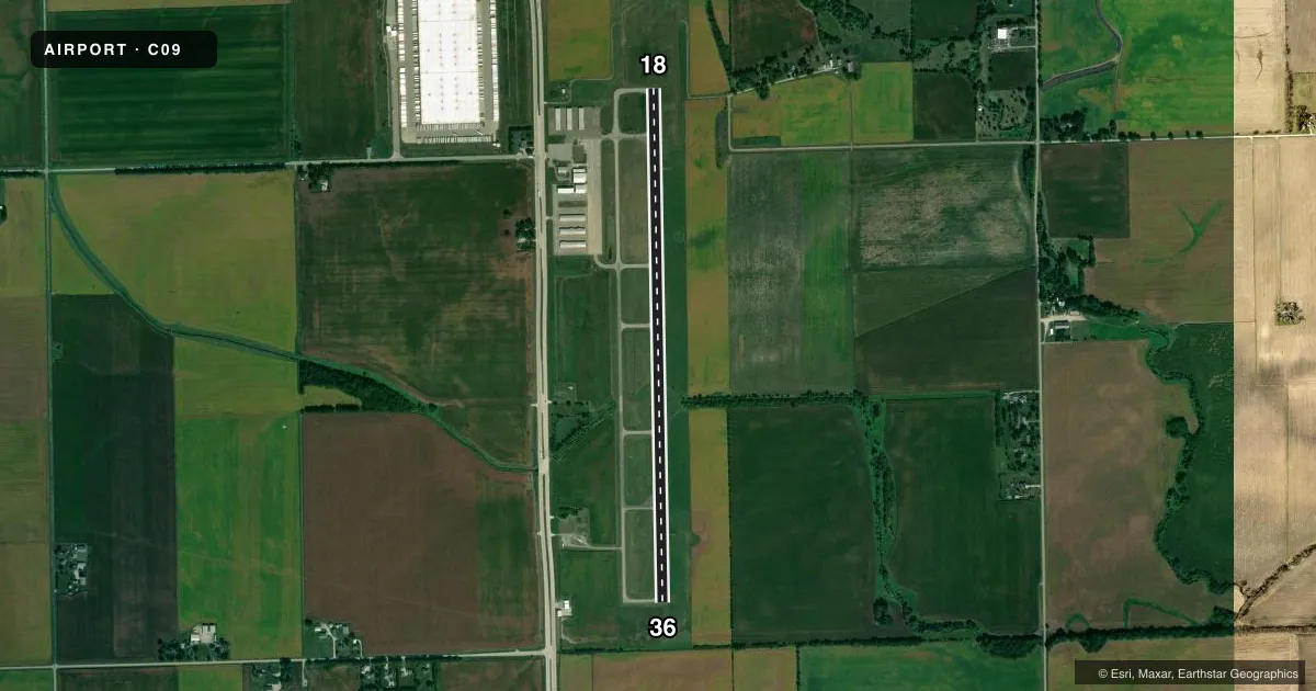 Top-down satellite sketch of C09 MORRIS MUNI/JAMES R WASHBURN FLD in MORRIS, ILLINOIS, showing runways 18/36 drawn to scale over Esri World Imagery