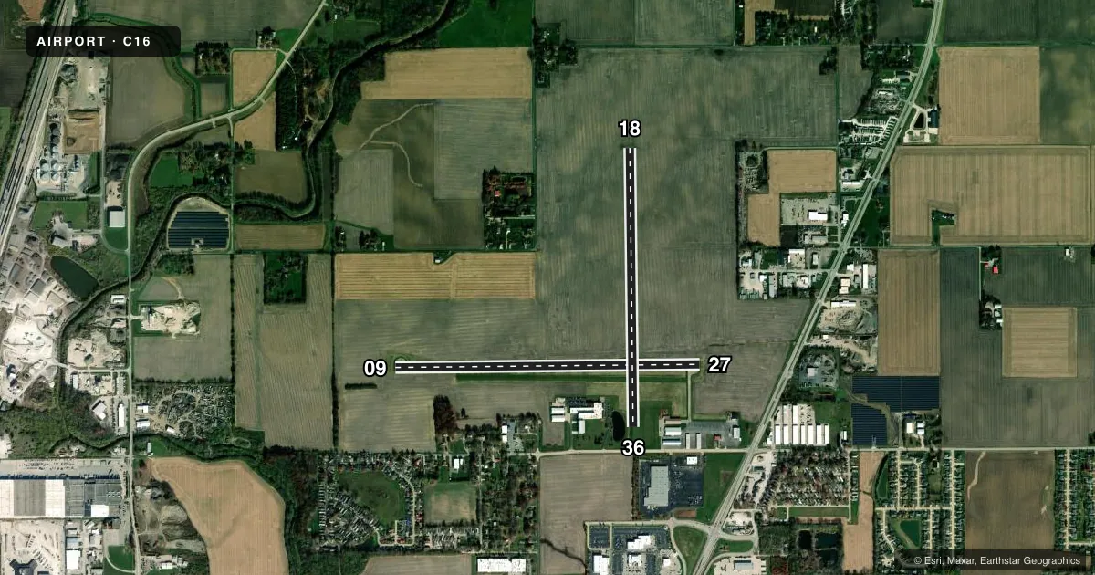 Top-down satellite sketch of C16 FRASCA FLD in URBANA, ILLINOIS, showing runways 09/27, 18/36 drawn to scale over Esri World Imagery