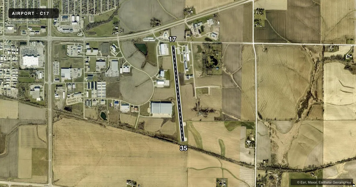 Top-down satellite sketch of C17 MARION in MARION, IOWA, showing runways 17/35 drawn to scale over Esri World Imagery
