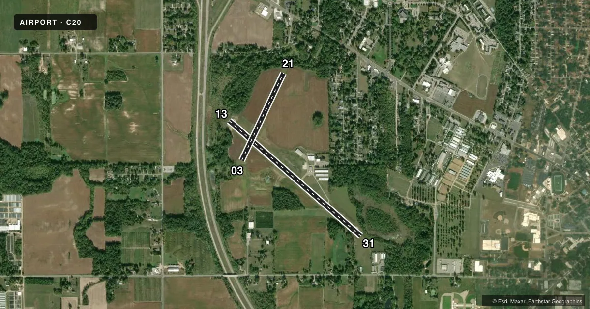 Top-down satellite sketch of C20 ANDREWS UNIVERSITY AIRPARK in BERRIEN SPRINGS, MICHIGAN, showing runways 13/31, 03/21 drawn to scale over Esri World Imagery