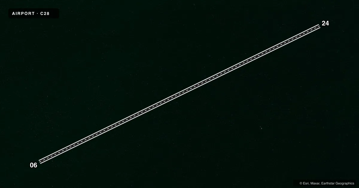 Top-down satellite sketch of C28 PRESQUE ISLE BAY in ERIE, PENNSYLVANIA, showing runways 06/24 drawn to scale over Esri World Imagery