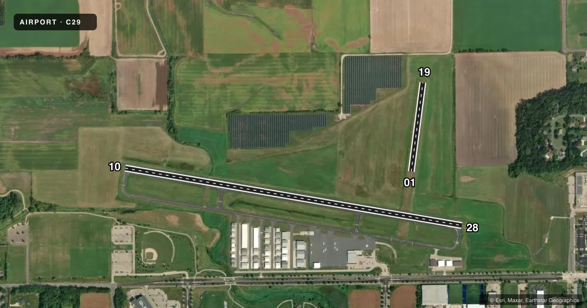Top-down satellite sketch of C29 MIDDLETON MUNI/MOREY FLD in MIDDLETON, WISCONSIN, showing runways 10/28, 01/19 drawn to scale over Esri World Imagery