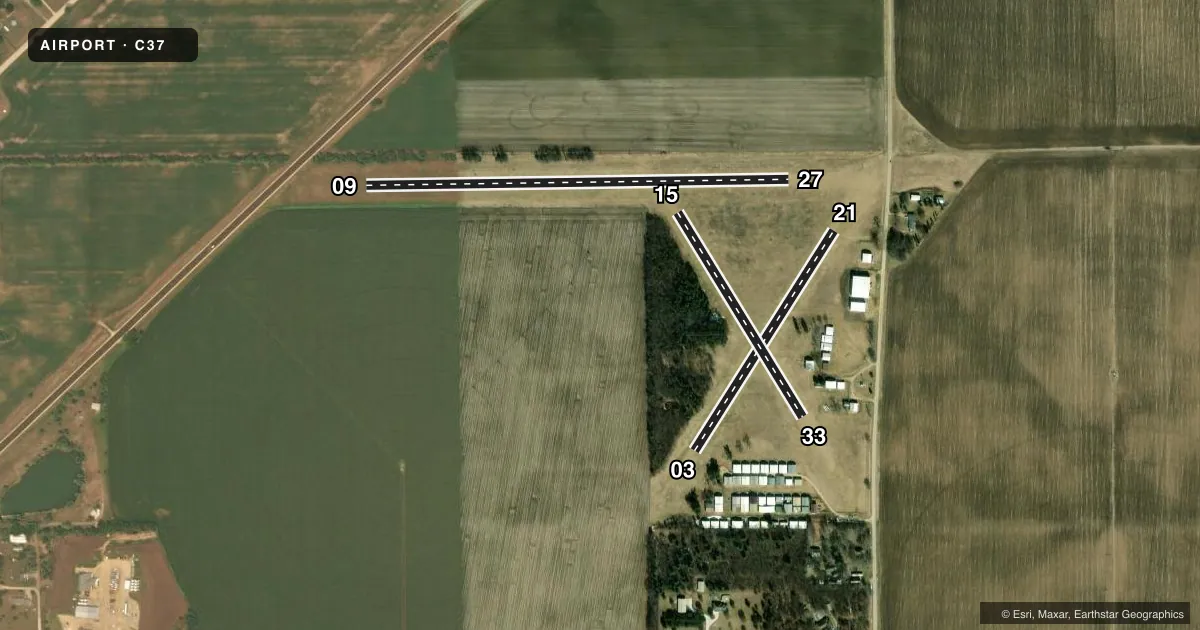 Top-down satellite sketch of C37 BRODHEAD in BRODHEAD, WISCONSIN, showing runways 09/27, 03/21, 15/33 drawn to scale over Esri World Imagery