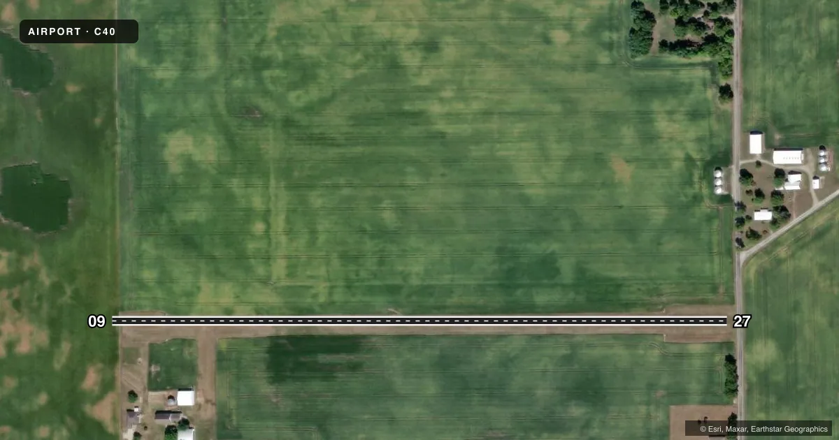 Top-down satellite sketch of C40 MILLER in BLUFFTON, INDIANA, showing runways 09/27 drawn to scale over Esri World Imagery