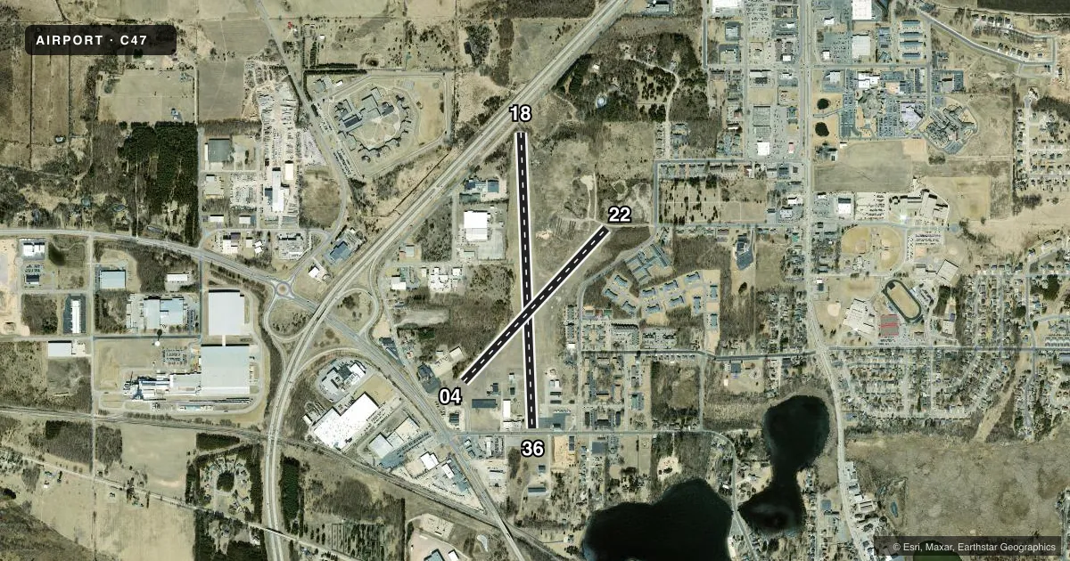 Top-down satellite sketch of C47 PORTAGE MUNI in PORTAGE, WISCONSIN, showing runways 18/36, 04/22 drawn to scale over Esri World Imagery