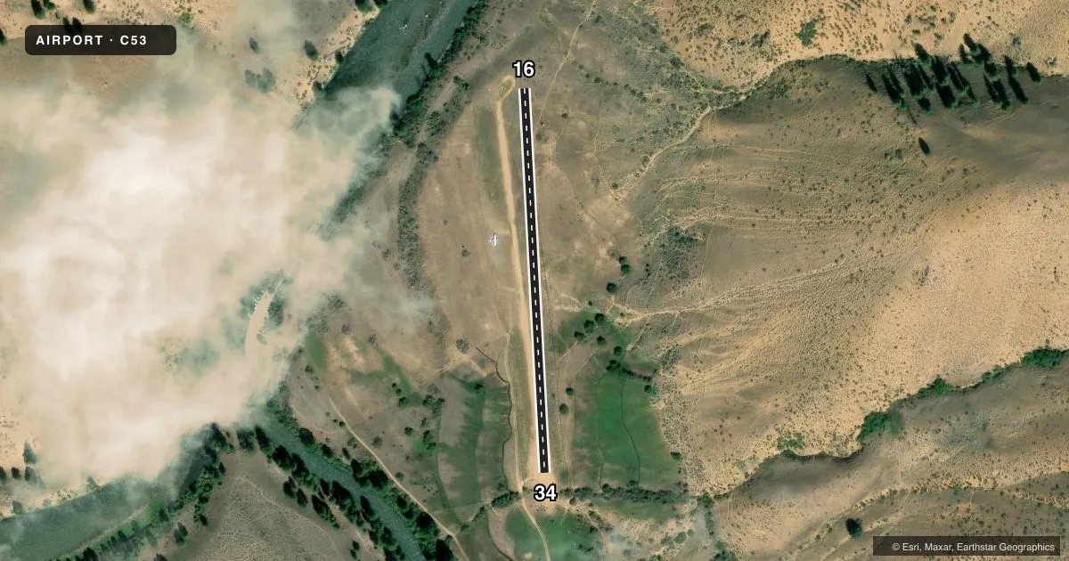 Top-down satellite sketch of C53 LOWER LOON CREEK in CHALLIS, IDAHO, showing runways 16/34 drawn to scale over Esri World Imagery
